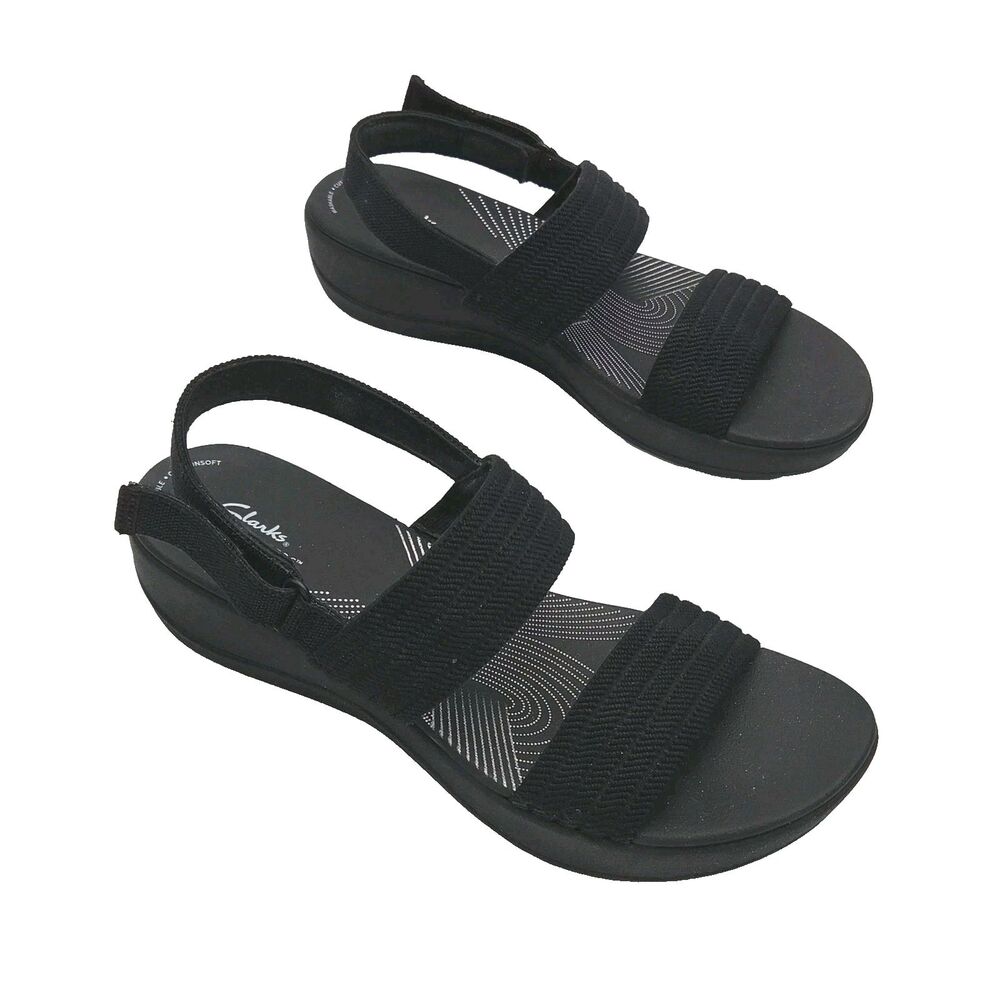 Clarks Sandal Shoe Cloudsteppers Women Sz 12 Black 1.75" Wedge Heel 28963